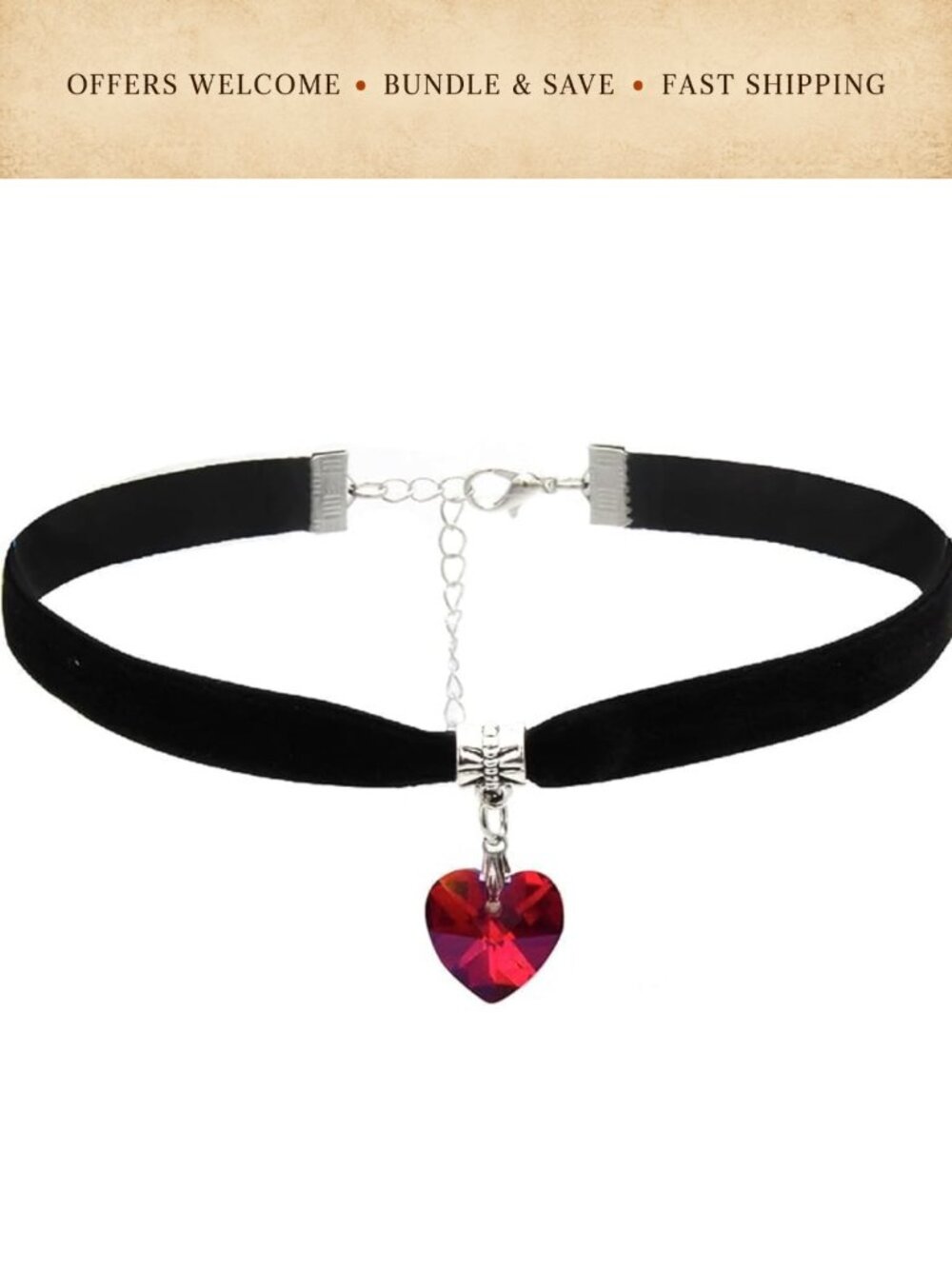 Gothic Velvet Choker Necklace Silver Plated Lobster Clasp 13 Inch